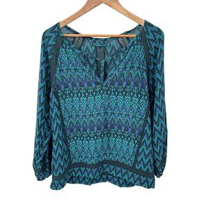 Prana Tacana Peasant‎ Top Womens Large Green Purple Geometric Print Crochet Trim